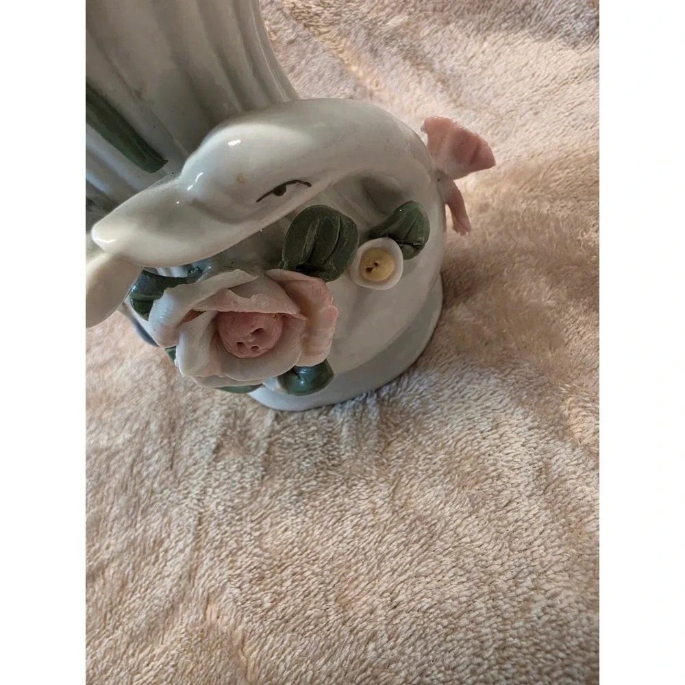Vintage Porcelain Double Swan Vase with 3D Pink Rose Floral Accents Ceramic